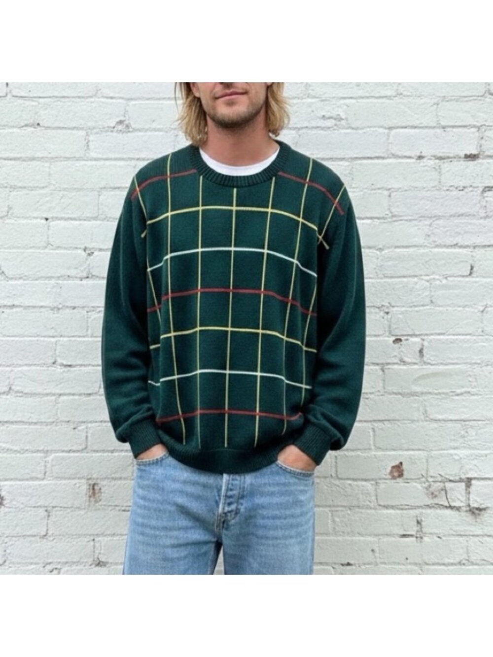 Vintage Green Plaid Windowpane Preppy Knit Sweater 90s Grunge Men’s Size Large